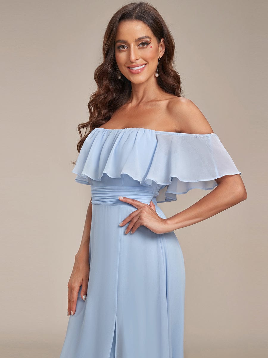 Women's Off-The-Shoulder Ruffle Thigh Split Bridesmaid Dresses #color_Sky Blue
