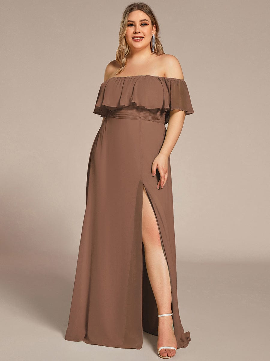 Off The Shoulder Bridesmaid Dresses Side Split Maxi #color_Brown