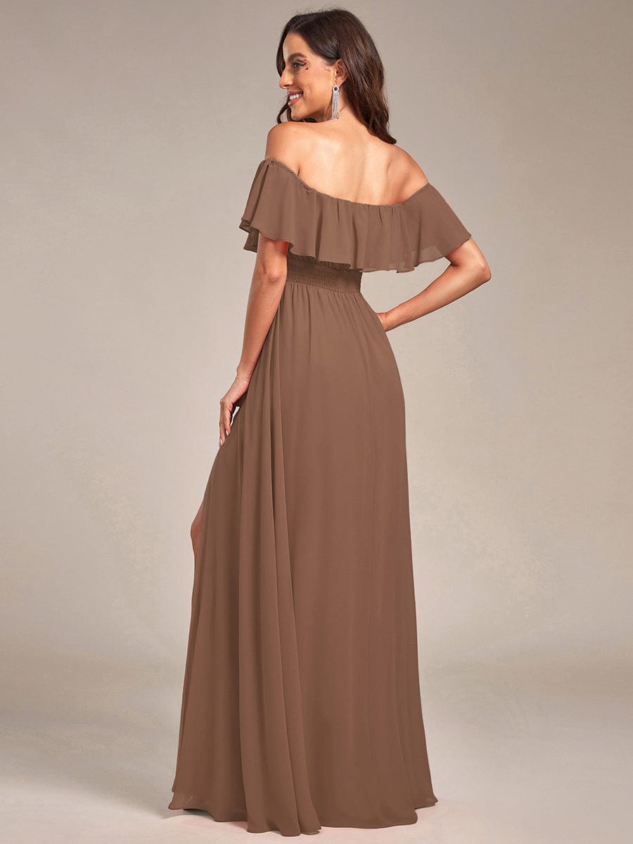 Off The Shoulder Bridesmaid Dresses Side Split Maxi #color_Brown