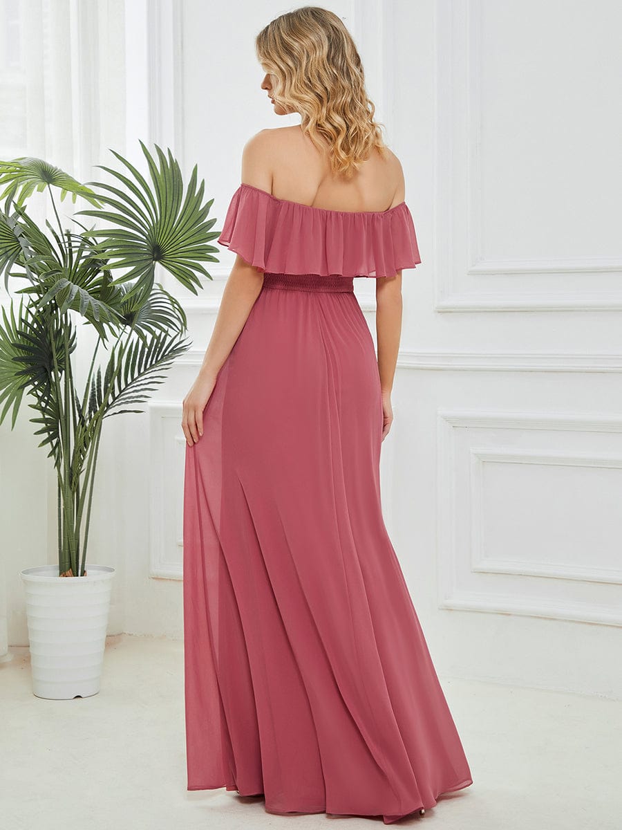 Women's Off-The-Shoulder Ruffle Thigh Split Bridesmaid Dresses #color_Cameo Brown