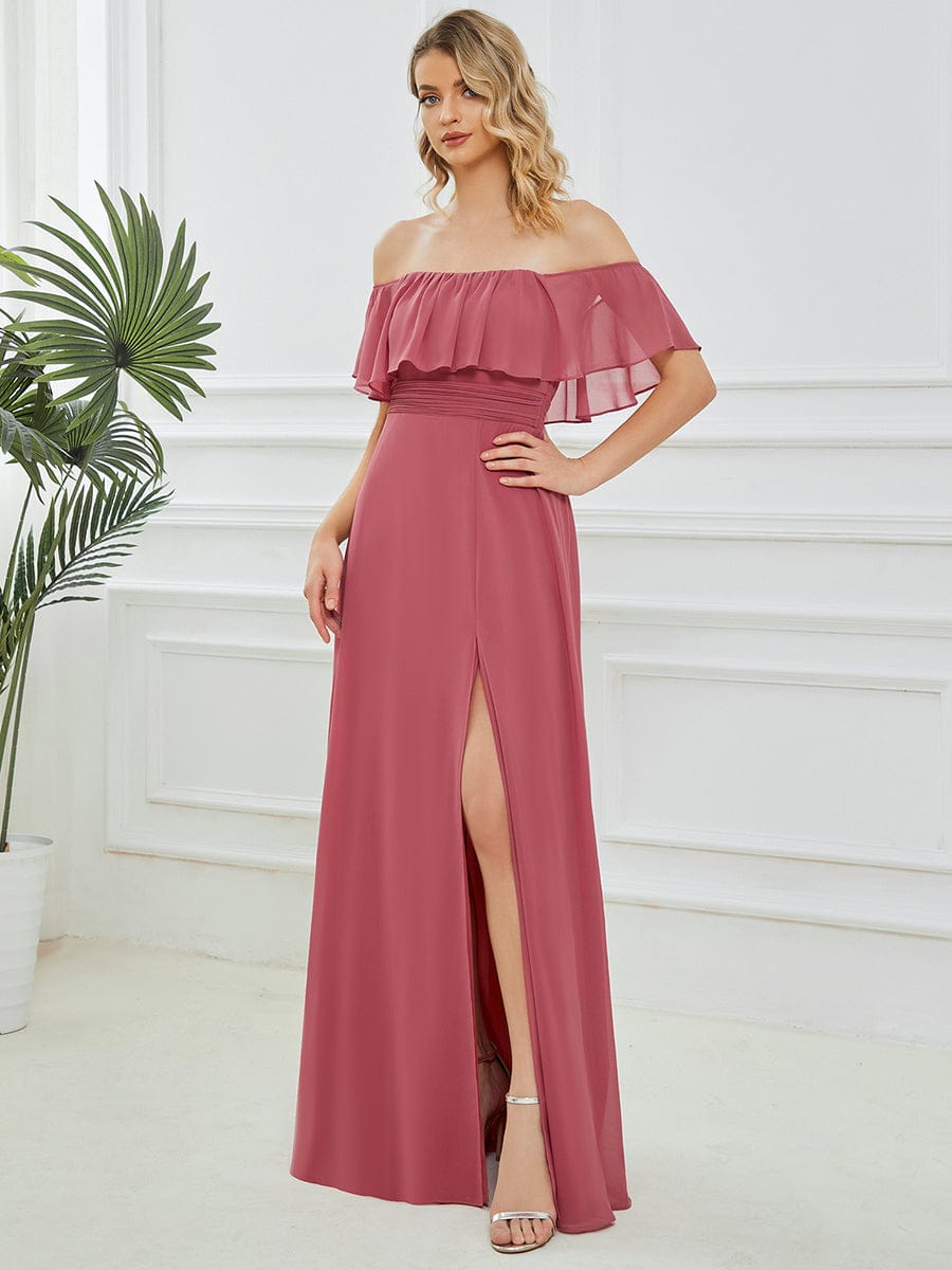 Women's Off-The-Shoulder Ruffle Thigh Split Bridesmaid Dresses #color_Cameo Brown