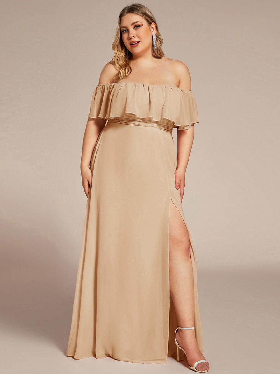 Women's Off-The-Shoulder Ruffle Thigh Split Plus Size Bridesmaid Dress #color_Champagne