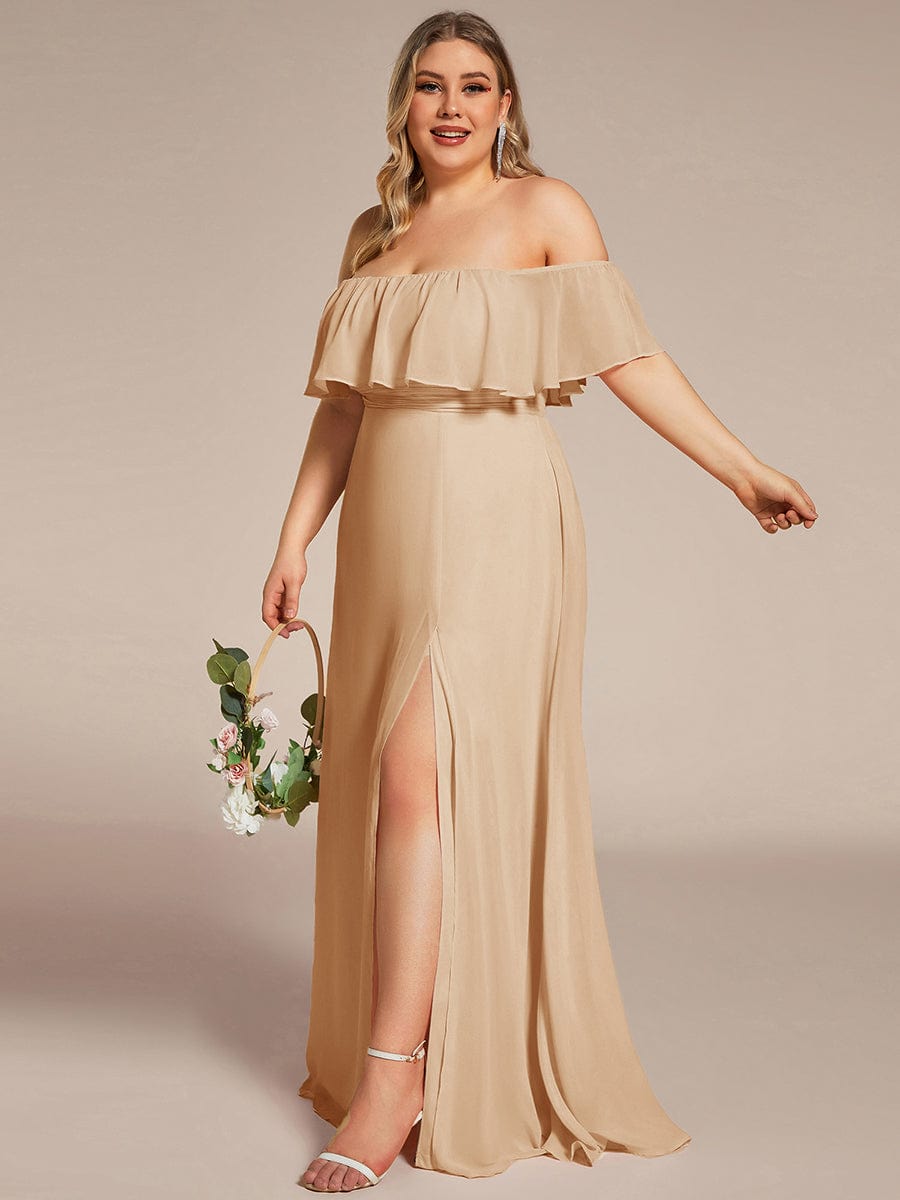 Women's Off-The-Shoulder Ruffle Thigh Split Plus Size Bridesmaid Dress #color_Champagne