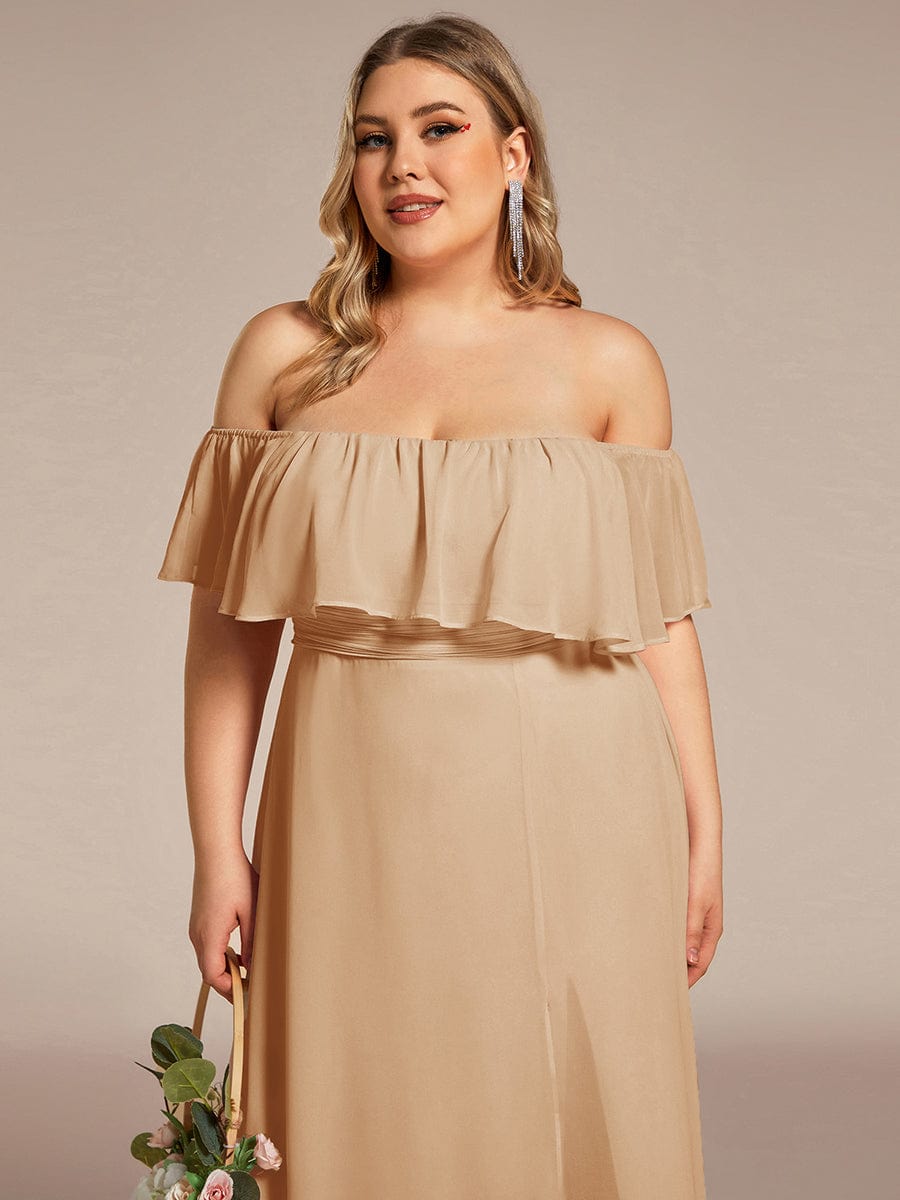 Women's Off-The-Shoulder Ruffle Thigh Split Plus Size Bridesmaid Dress #color_Champagne