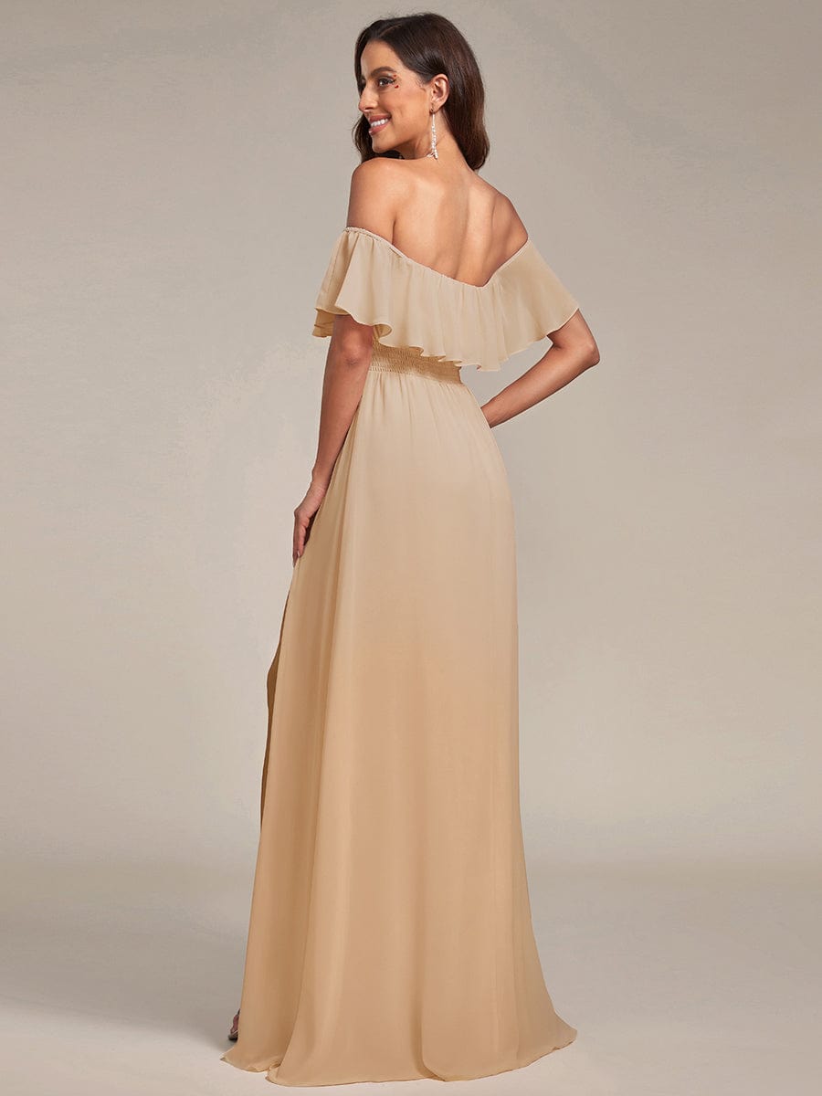 Plain Off Shoulder Chiffon Wedding Dress with Side Split #color_Champagne