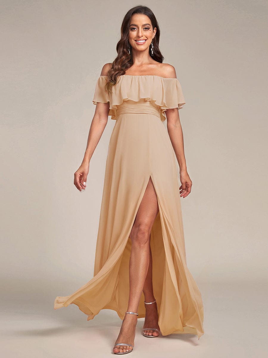 Plain Off Shoulder Chiffon Wedding Dress with Side Split #color_Champagne