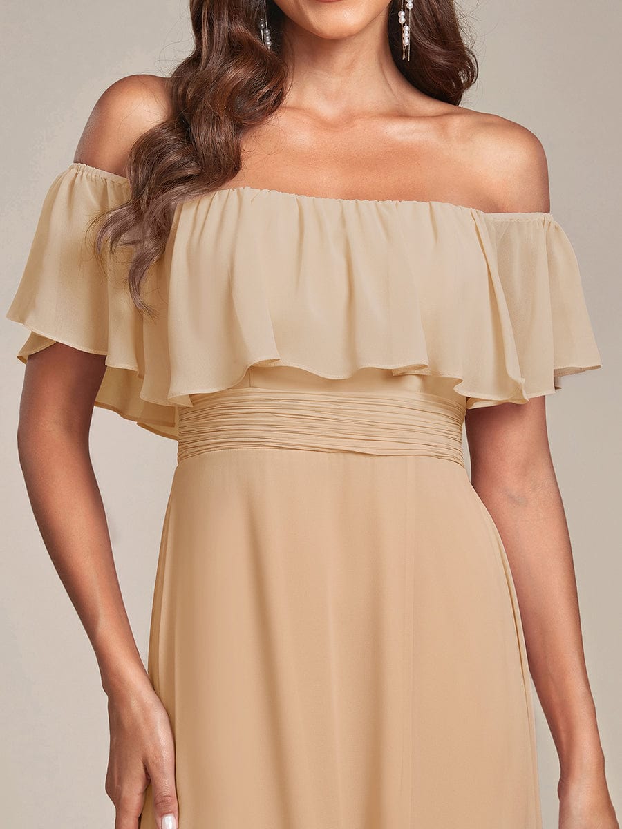 Plain Off Shoulder Chiffon Wedding Dress with Side Split #color_Champagne