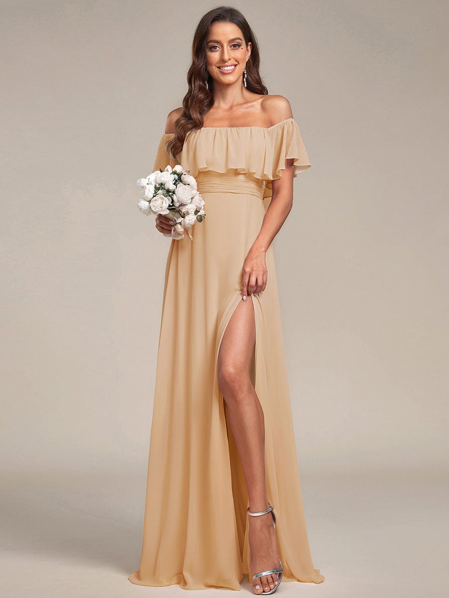 Plain Off Shoulder Chiffon Wedding Dress with Side Split #color_Champagne