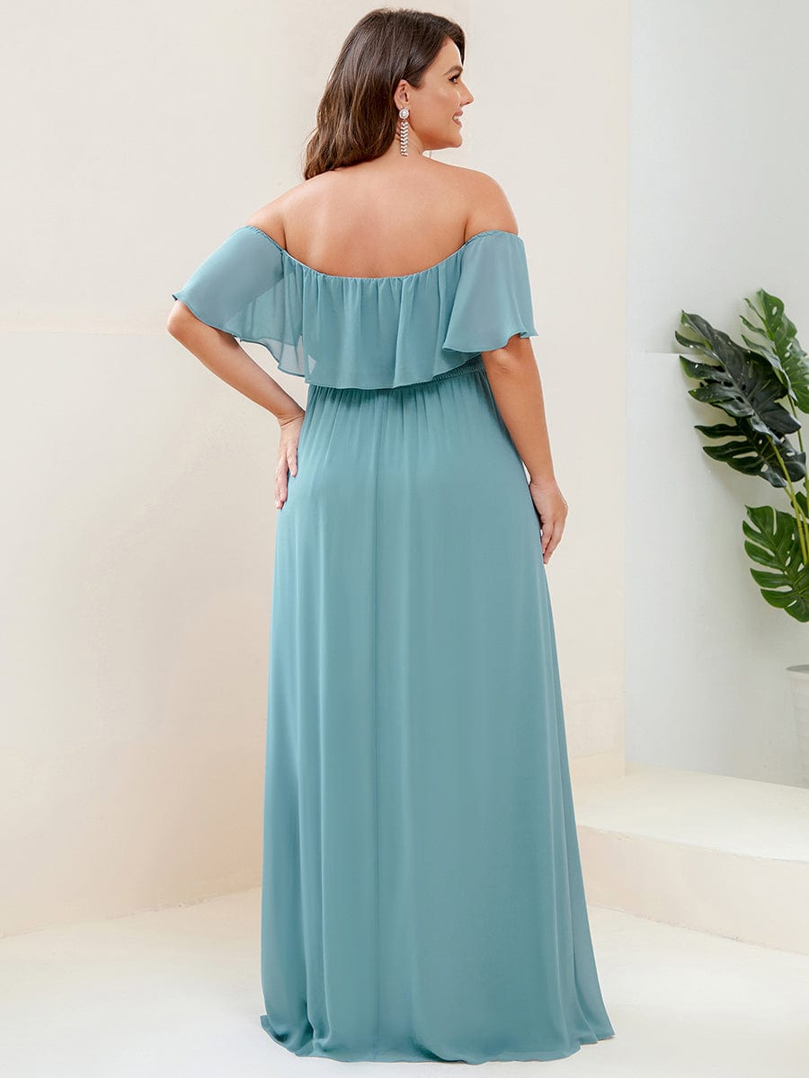 Women's Off-The-Shoulder Ruffle Thigh Split Bridesmaid Dresses #color_Dusty Blue