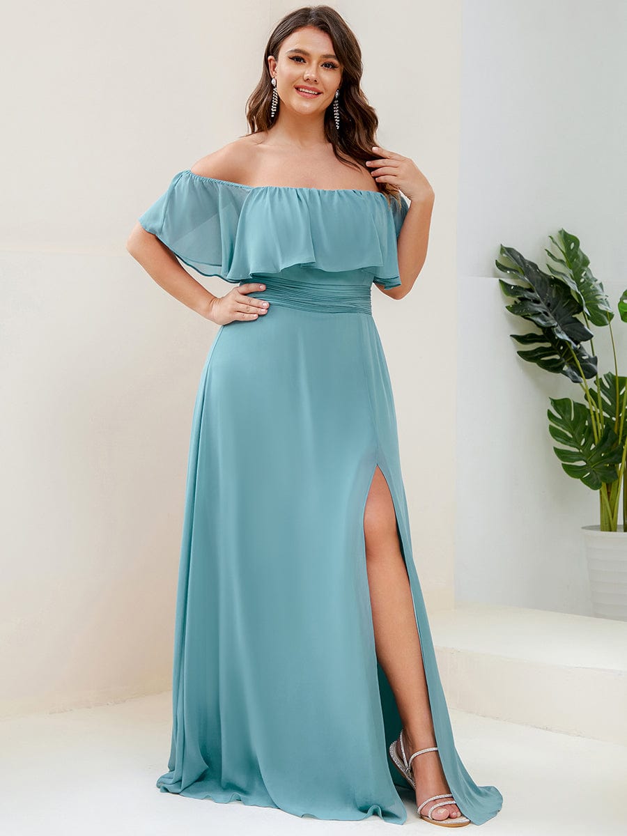 Women's Off-The-Shoulder Ruffle Thigh Split Bridesmaid Dresses #color_Light Teal