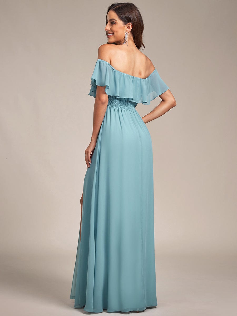 Women's Off-The-Shoulder Ruffle Thigh Split Bridesmaid Dresses #color_Dusty Blue