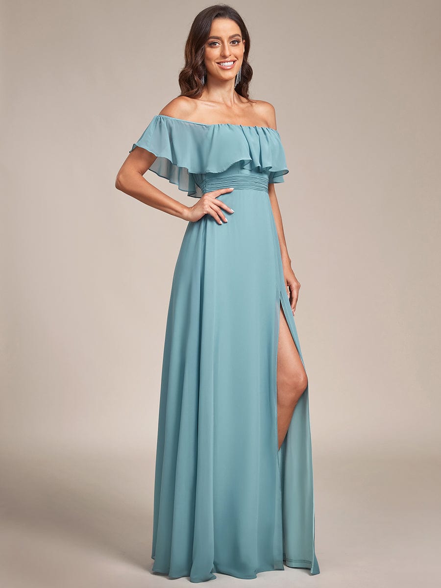 Women's Off-The-Shoulder Ruffle Thigh Split Bridesmaid Dresses #color_Dusty Blue