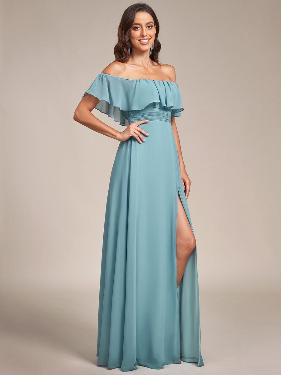 Women's Off-The-Shoulder Ruffle Thigh Split Bridesmaid Dresses #color_Light Teal