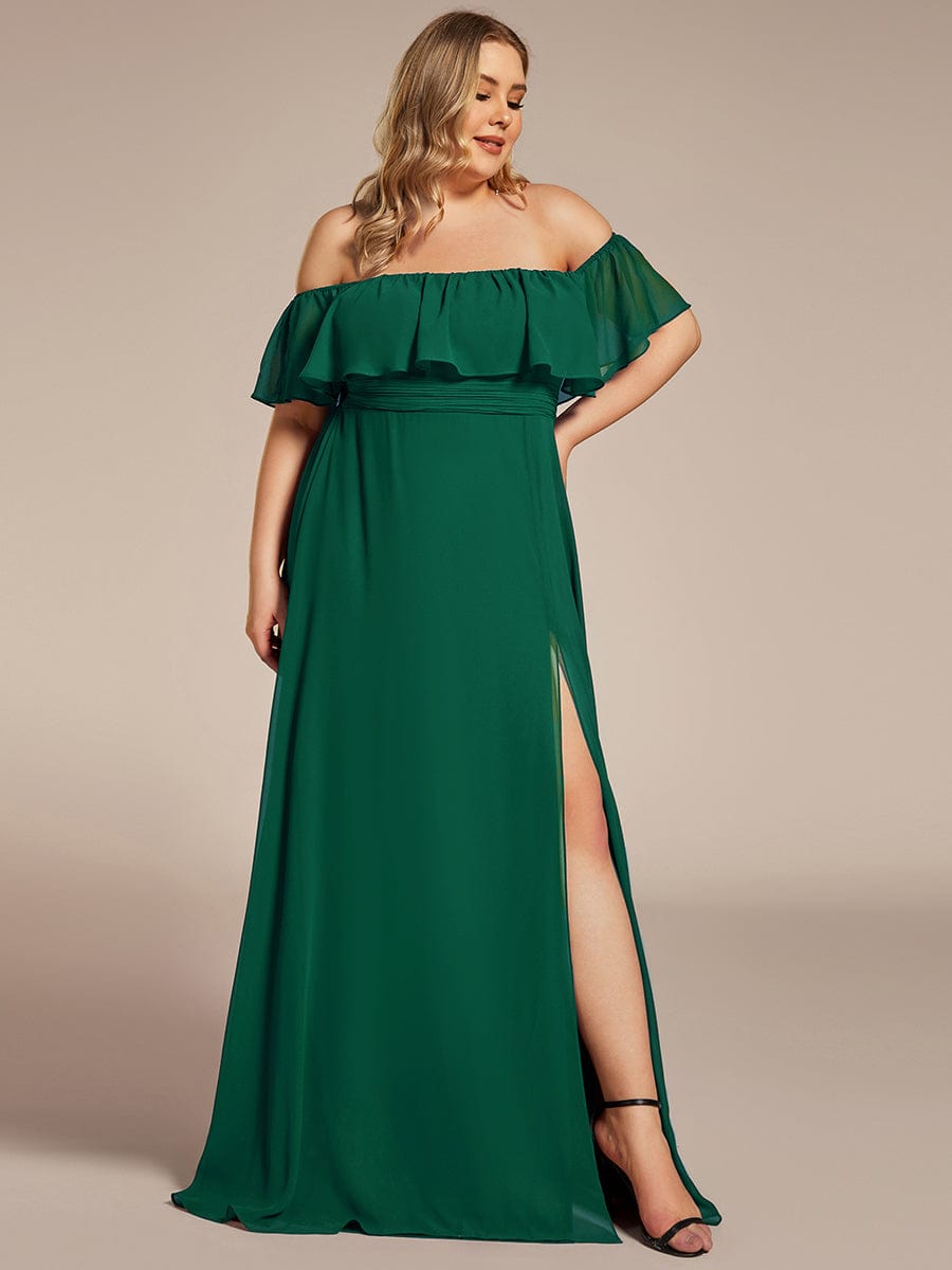 Women's Off-The-Shoulder Ruffle Thigh Split Bridesmaid Dresses #color_Dark Green