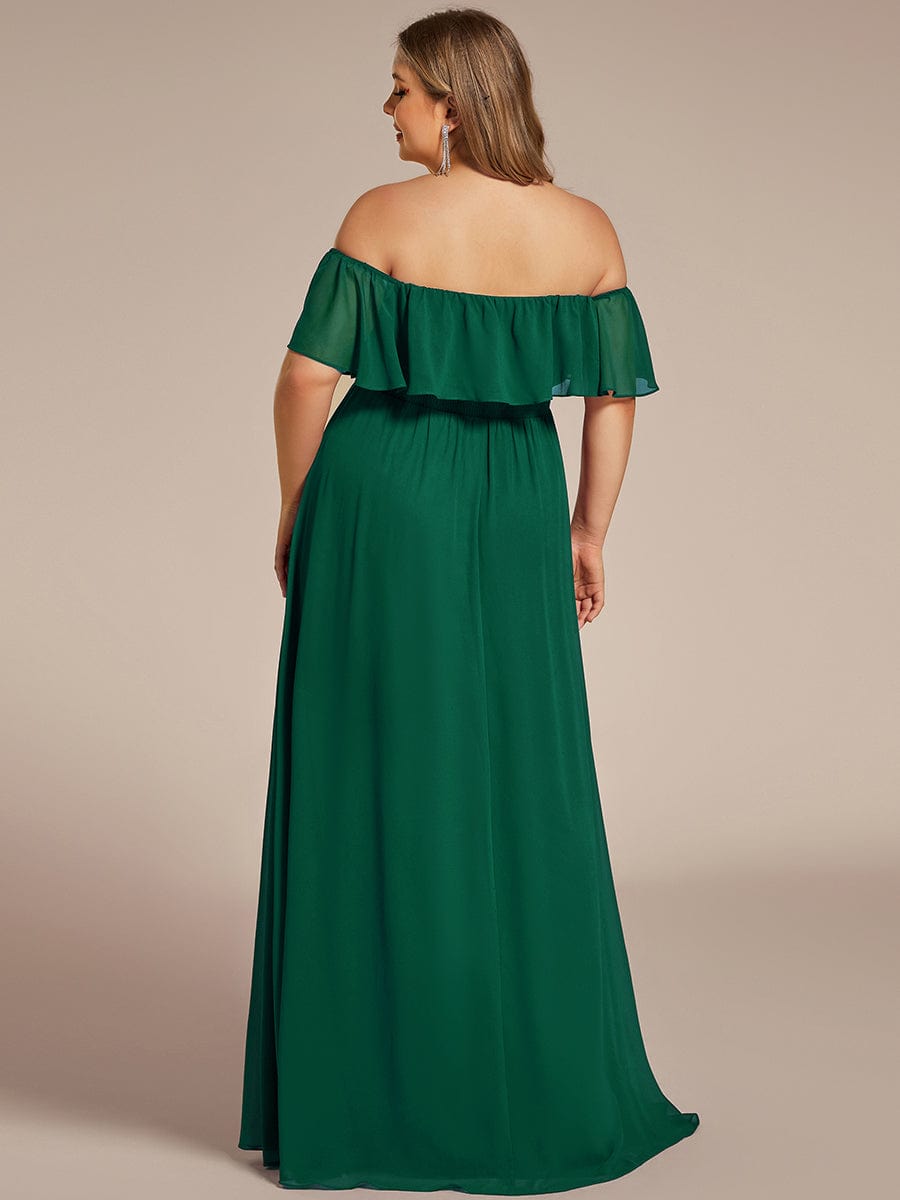 Women's Off-The-Shoulder Ruffle Thigh Split Bridesmaid Dresses #color_Dark Green