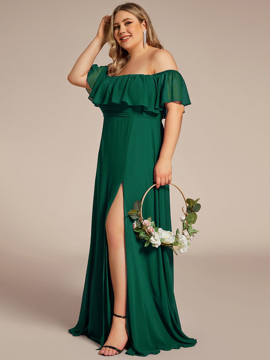 Women's Off-The-Shoulder Ruffle Thigh Split Plus Size Bridesmaid Dress #color_Dark Green