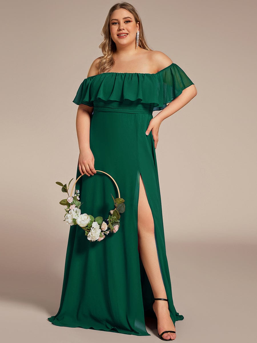 Women's Off-The-Shoulder Ruffle Thigh Split Bridesmaid Dresses #color_Dark Green