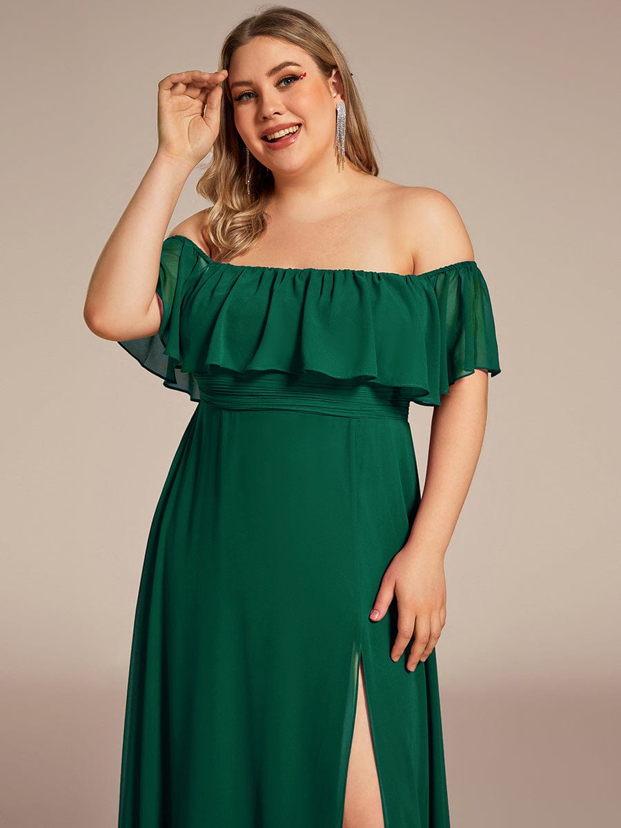 Women's Off-The-Shoulder Ruffle Thigh Split Bridesmaid Dresses #color_Dark Green