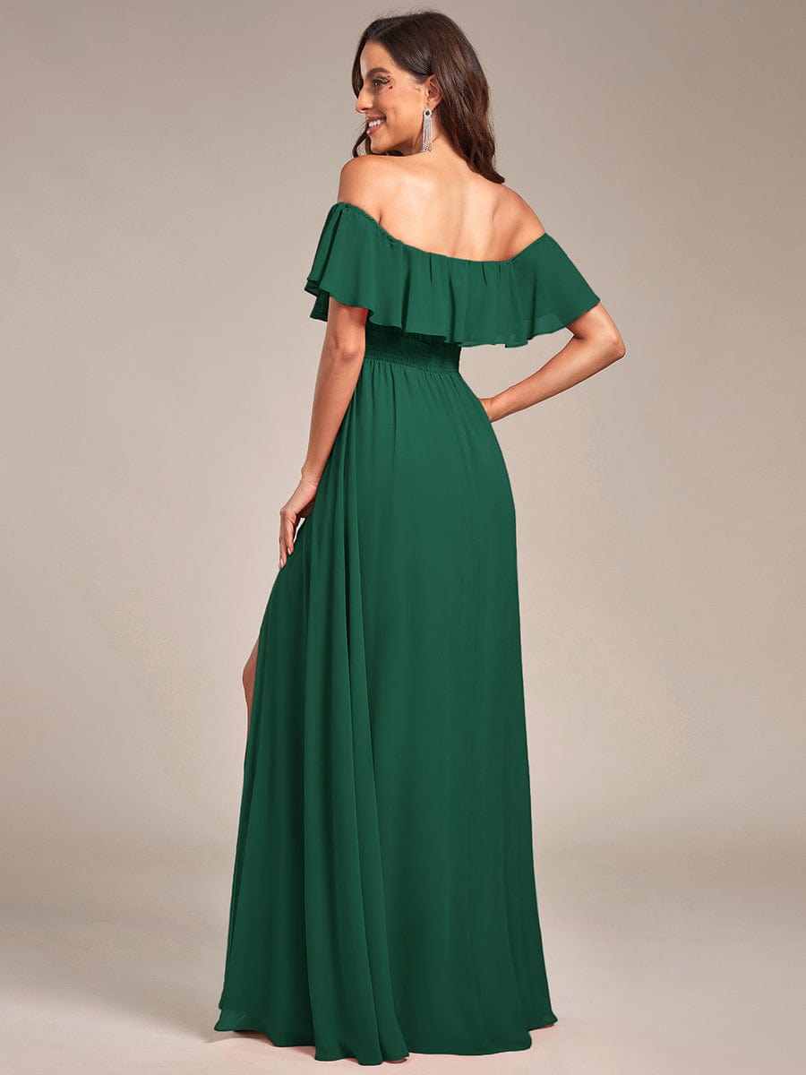 Women's Off-The-Shoulder Ruffle Thigh Split Bridesmaid Dresses #color_Dark Green