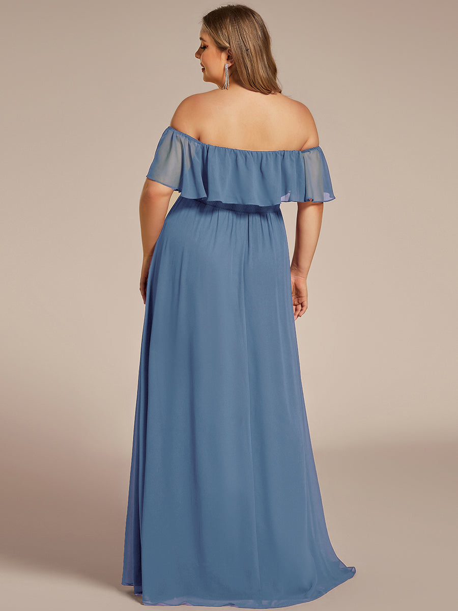 Women's Off-The-Shoulder Ruffle Thigh Split Plus Size Bridesmaid Dress #color_Dusty Blue