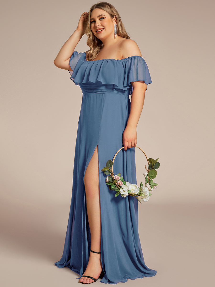 Women's Off-The-Shoulder Ruffle Thigh Split Plus Size Bridesmaid Dress #color_Dusty Blue