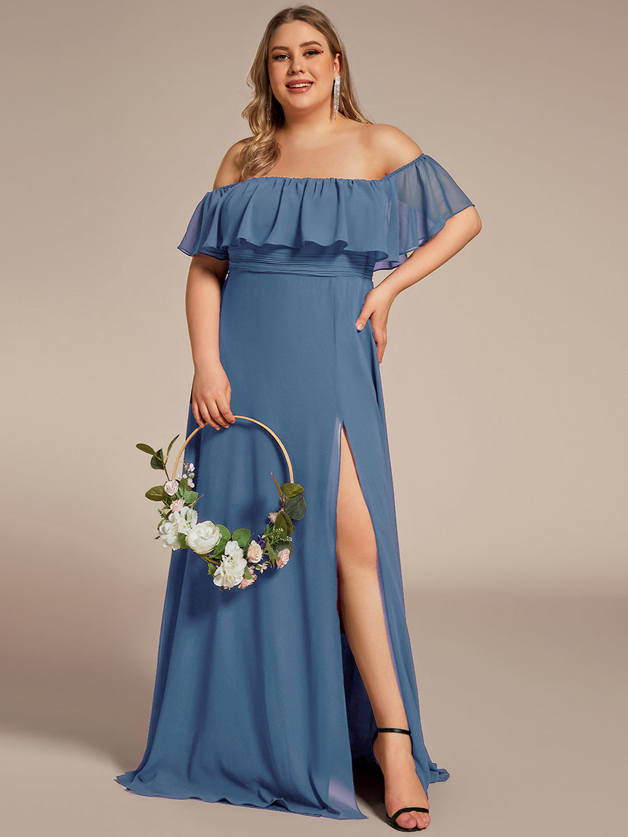 Women's Off-The-Shoulder Ruffle Thigh Split Plus Size Bridesmaid Dress #color_Dusty Blue