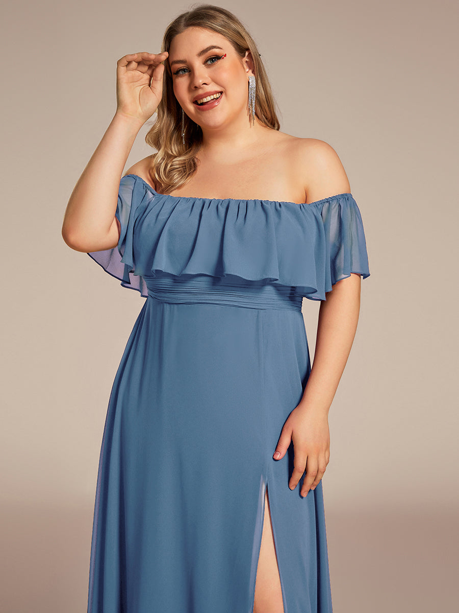 Women's Off-The-Shoulder Ruffle Thigh Split Plus Size Bridesmaid Dress #color_Dusty Blue