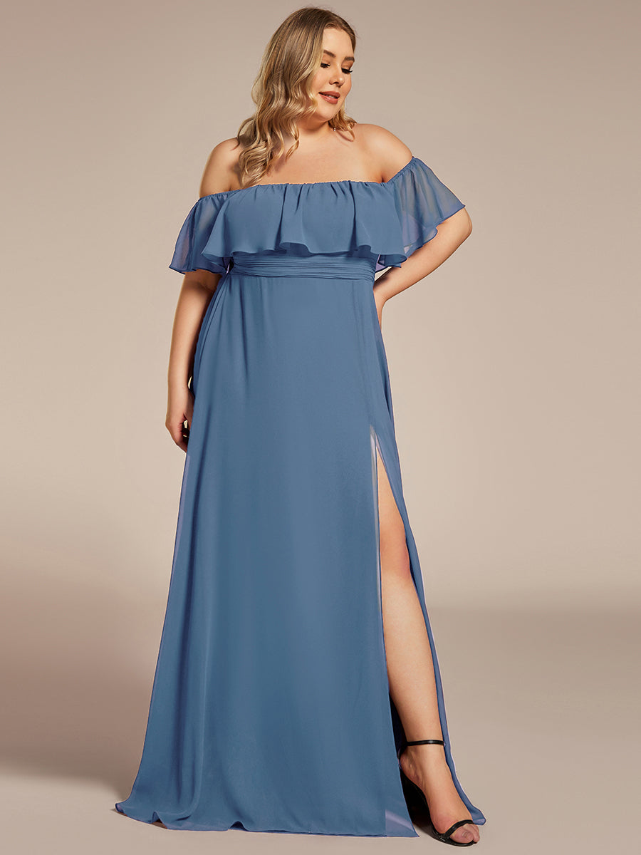 Women's Off-The-Shoulder Ruffle Thigh Split Plus Size Bridesmaid Dress #color_Dusty Blue