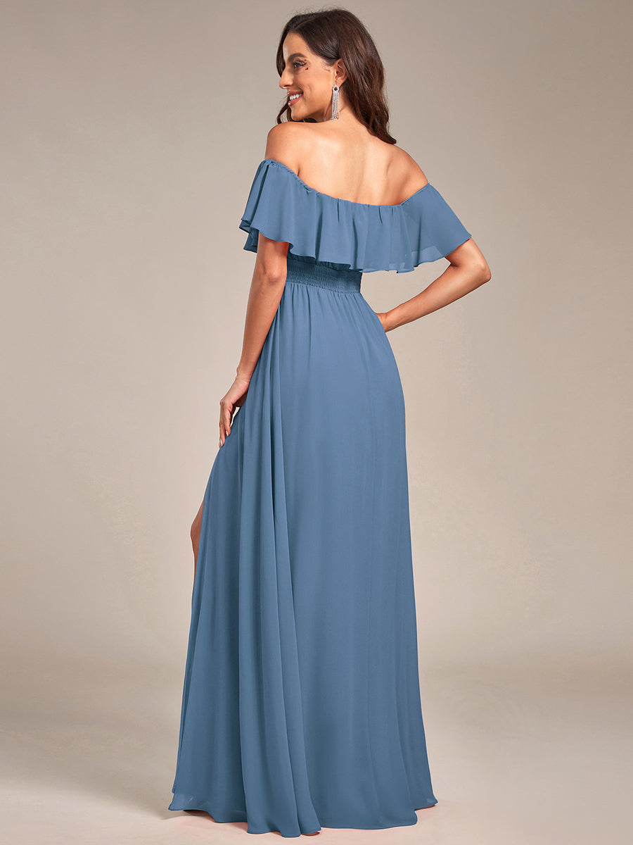 Off The Shoulder Bridesmaid Dresses Side Split Maxi #color_Dusty Blue