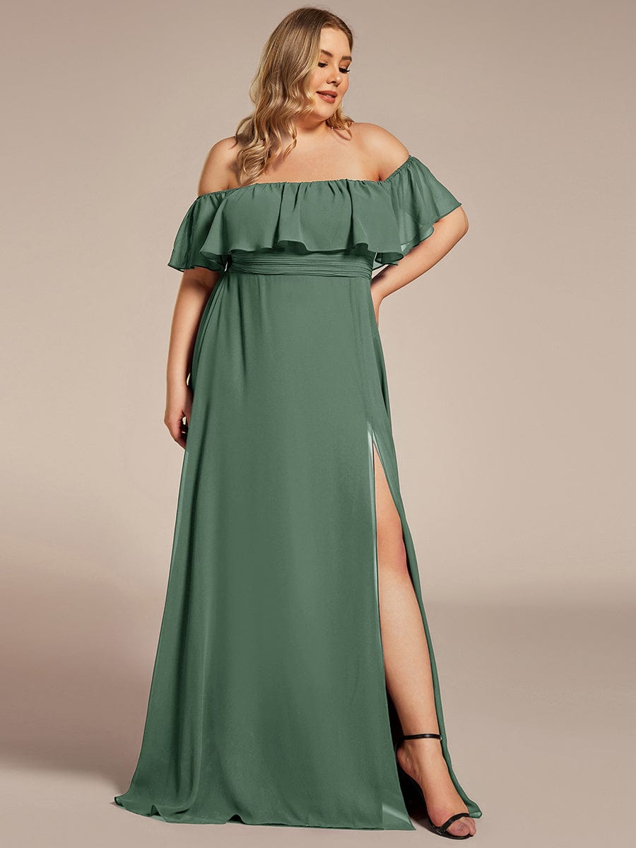 Plain Off Shoulder Chiffon Wedding Dress with Side Split #color_Eucalyptus Green