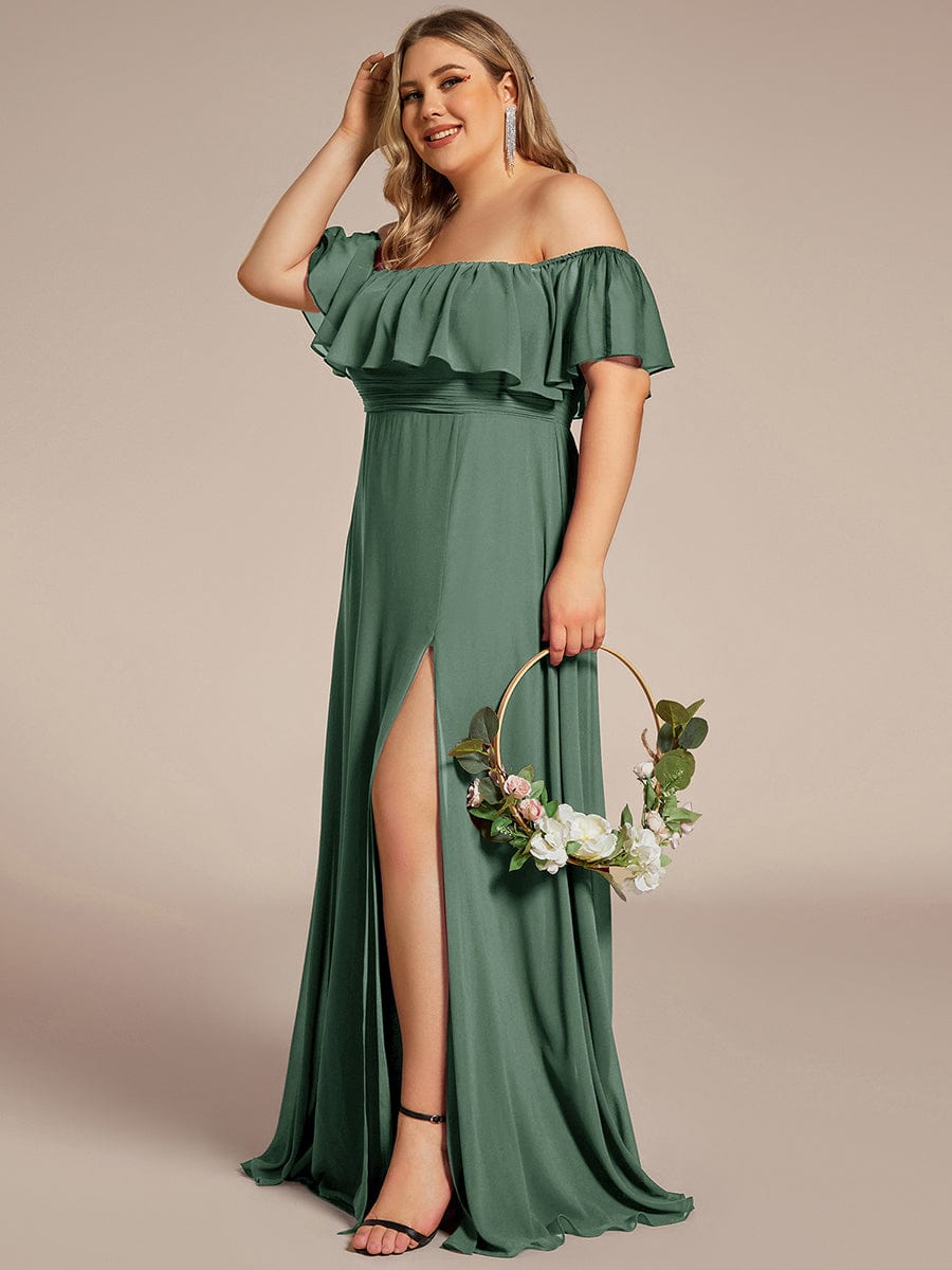 Women's Off-The-Shoulder Ruffle Thigh Split Plus Size Bridesmaid Dress #color_Eucalyptus Green