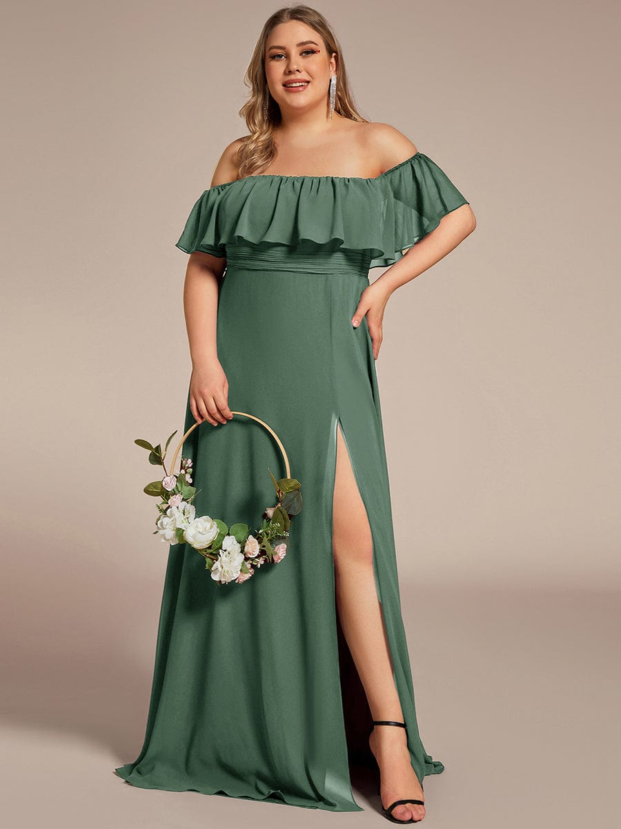 Women's Off-The-Shoulder Ruffle Thigh Split Plus Size Bridesmaid Dress #color_Eucalyptus Green