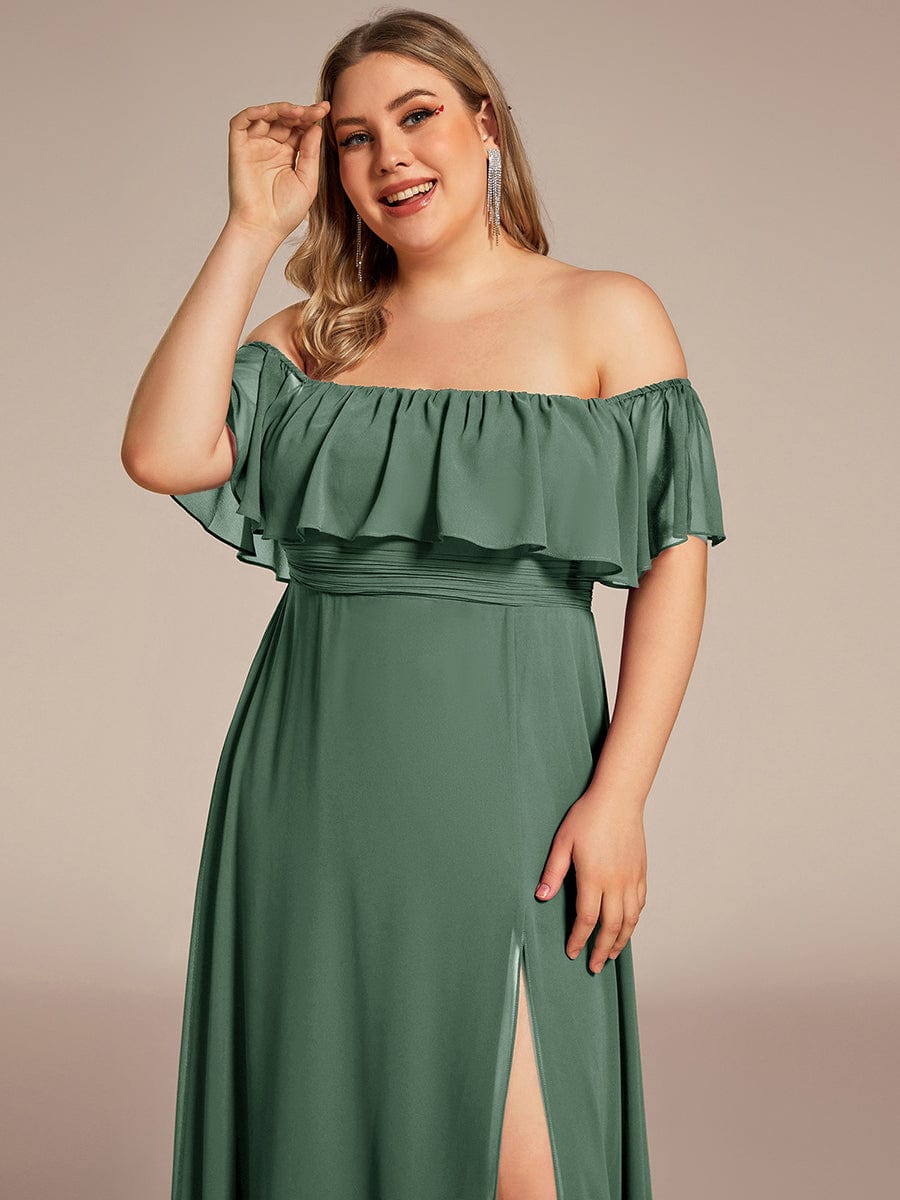 Women's Off-The-Shoulder Ruffle Thigh Split Plus Size Bridesmaid Dress #color_Eucalyptus Green