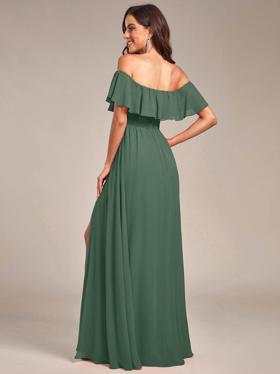 Plain Off Shoulder Chiffon Wedding Dress with Side Split #color_Eucalyptus Green