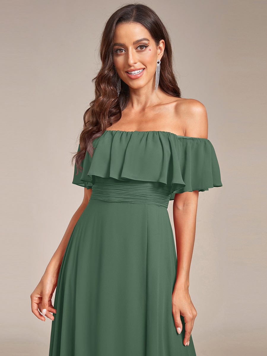 Plain Off Shoulder Chiffon Wedding Dress with Side Split #color_Eucalyptus Green