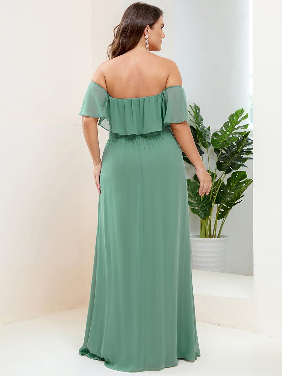 Women's Off-The-Shoulder Ruffle Thigh Split Bridesmaid Dresses #color_Green Bean