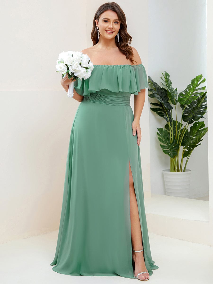 Women's Off-The-Shoulder Ruffle Thigh Split Bridesmaid Dresses #color_Green Bean