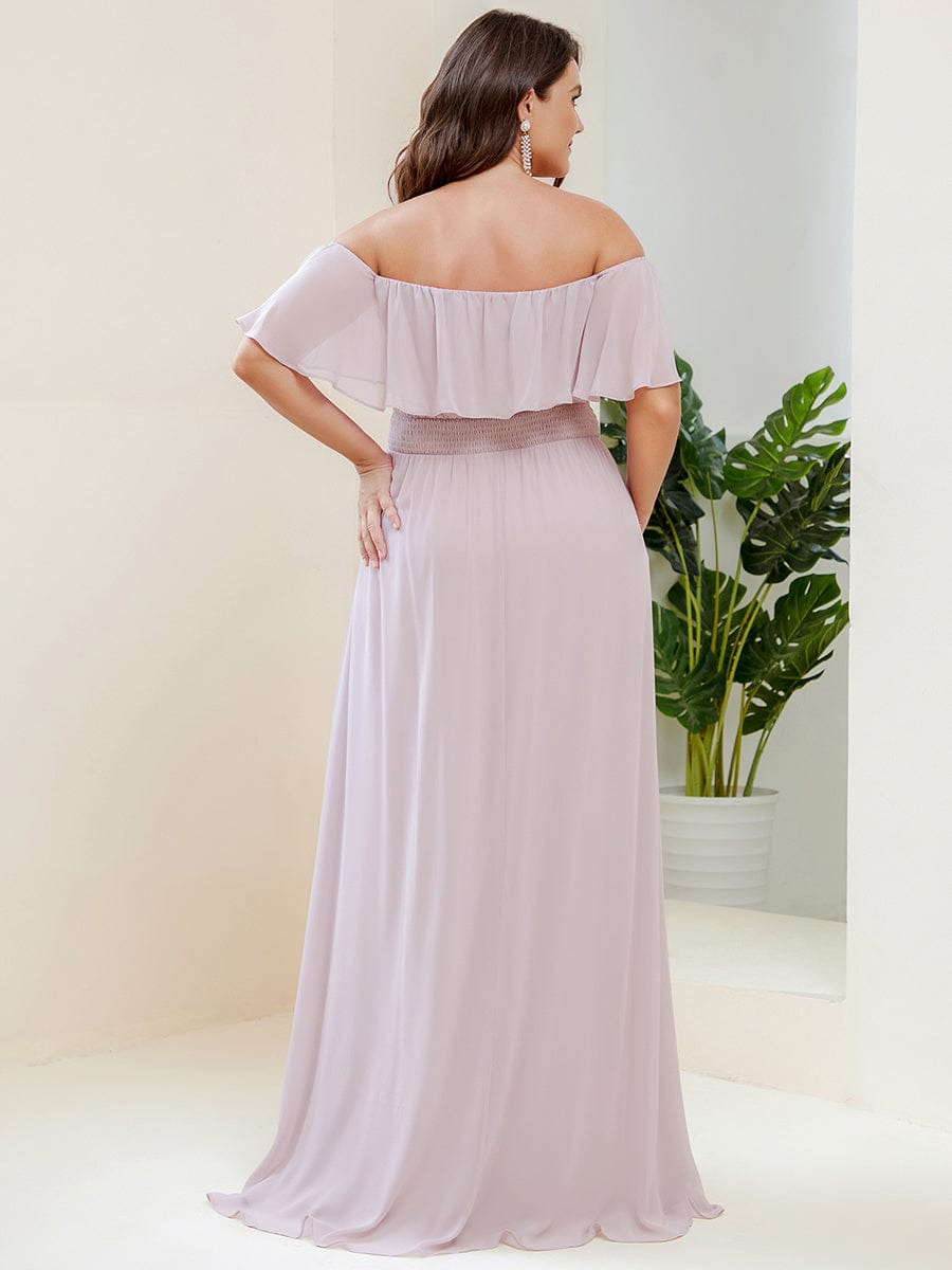 Women's Off-The-Shoulder Ruffle Thigh Split Bridesmaid Dresses #color_Lilac