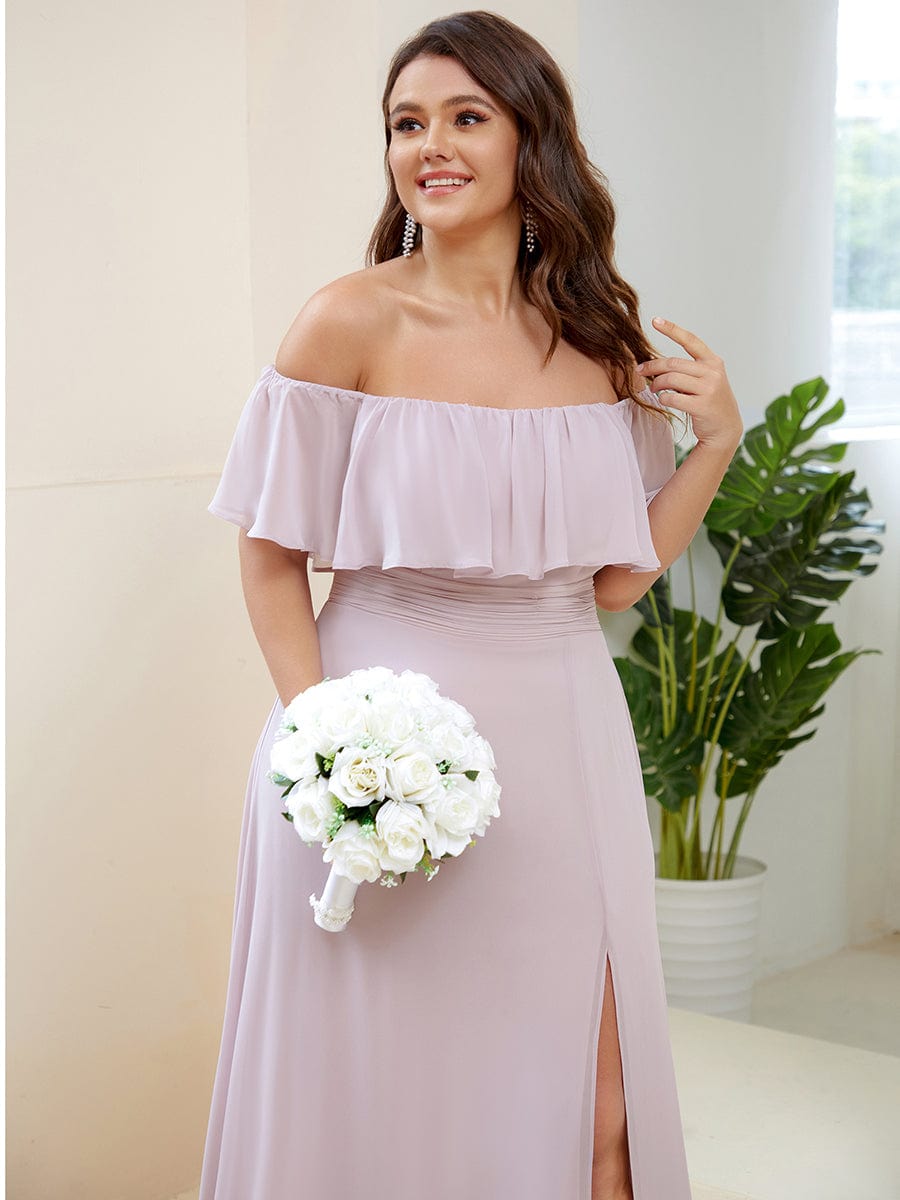 Women's Off-The-Shoulder Ruffle Thigh Split Bridesmaid Dresses #color_Lilac