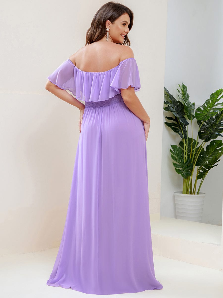 Women's Off-The-Shoulder Ruffle Thigh Split Bridesmaid Dresses #color_Lavender