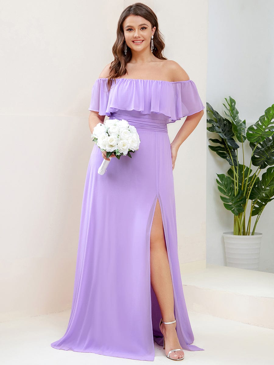 Women's Off-The-Shoulder Ruffle Thigh Split Bridesmaid Dresses #color_Lavender