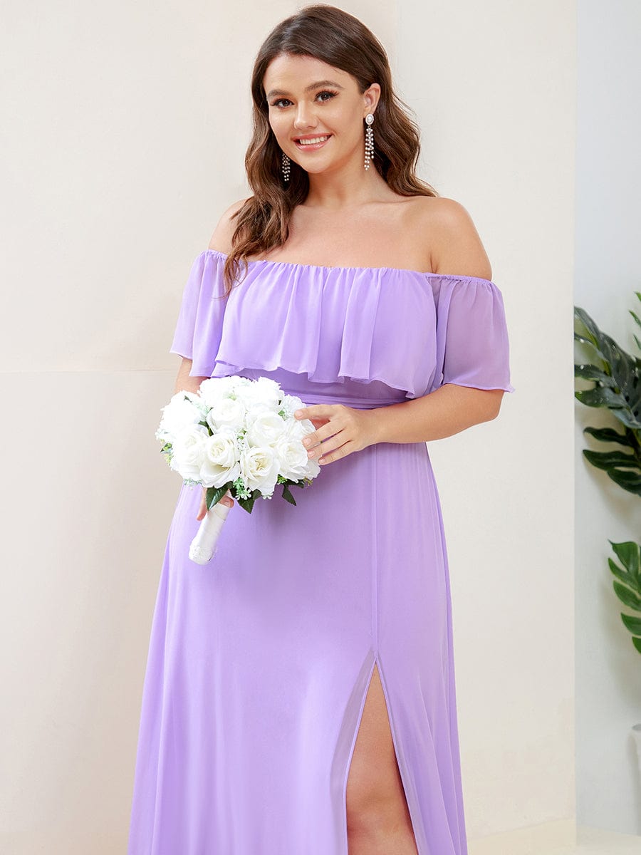 Women's Off-The-Shoulder Ruffle Thigh Split Bridesmaid Dresses #color_Lavender