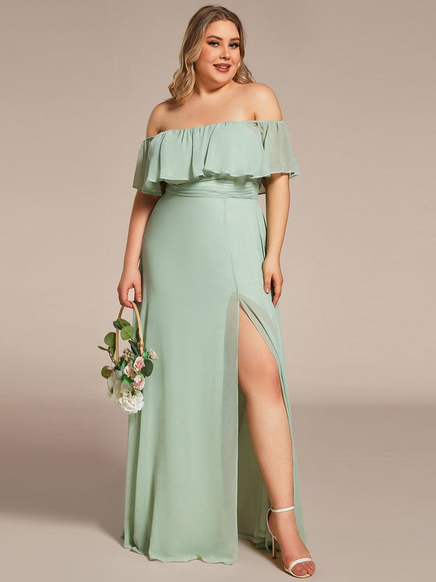 Women's Off-The-Shoulder Ruffle Thigh Split Plus Size Bridesmaid Dress #color_Mint Green