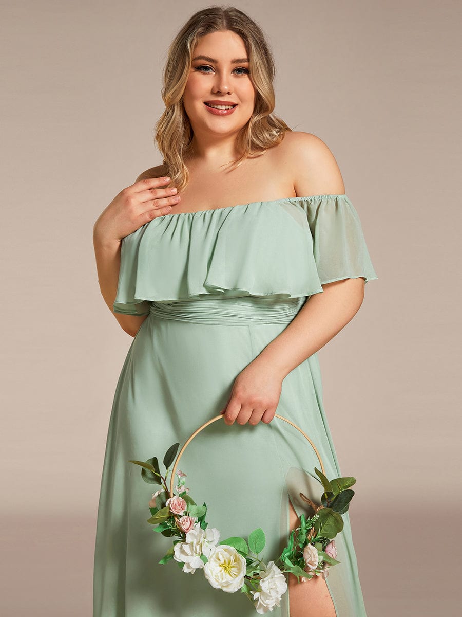 Women's Off-The-Shoulder Ruffle Thigh Split Plus Size Bridesmaid Dress #color_Mint Green