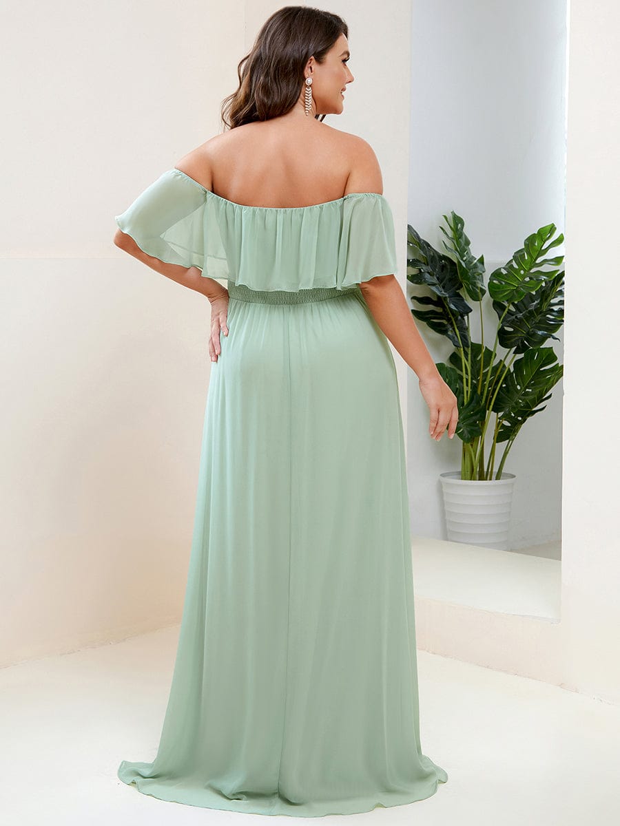 Women's Off-The-Shoulder Ruffle Thigh Split Bridesmaid Dresses #color_Mint Green