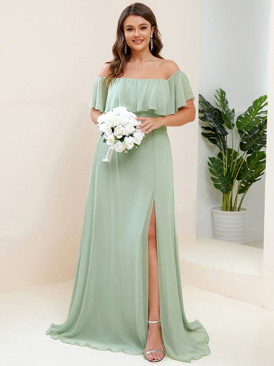 Women's Off-The-Shoulder Ruffle Thigh Split Bridesmaid Dresses #color_Mint Green