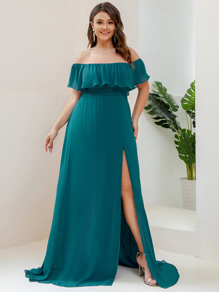 Women's Off-The-Shoulder Ruffle Thigh Split Plus Size Bridesmaid Dress #color_Teal