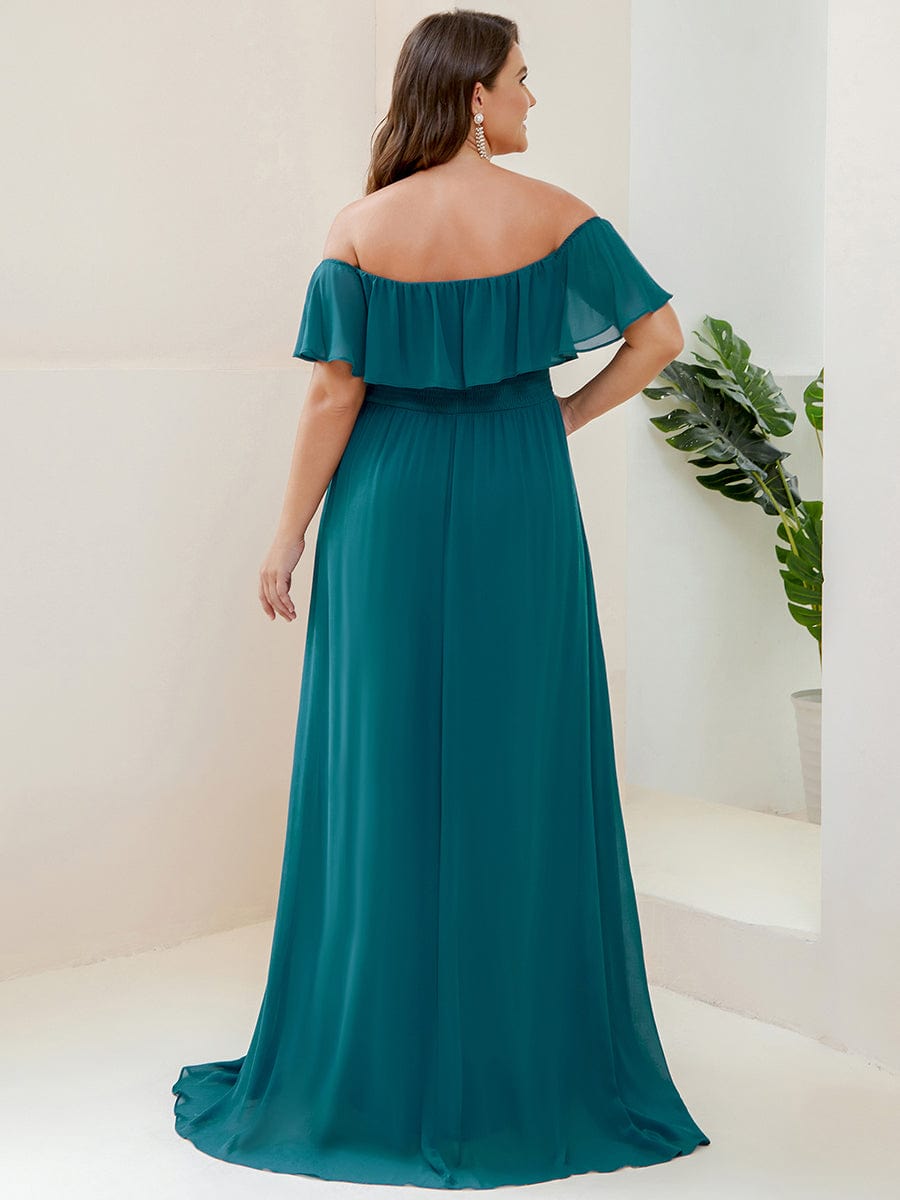 Women's Off-The-Shoulder Ruffle Thigh Split Bridesmaid Dresses #color_Teal