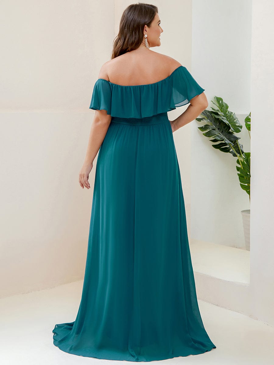 Women's Off-The-Shoulder Ruffle Thigh Split Plus Size Bridesmaid Dress #color_Teal