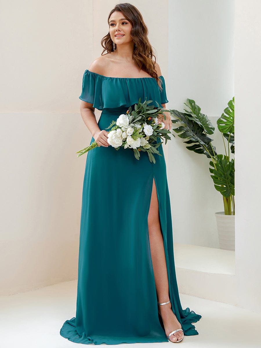 Women's Off-The-Shoulder Ruffle Thigh Split Bridesmaid Dresses #color_Teal